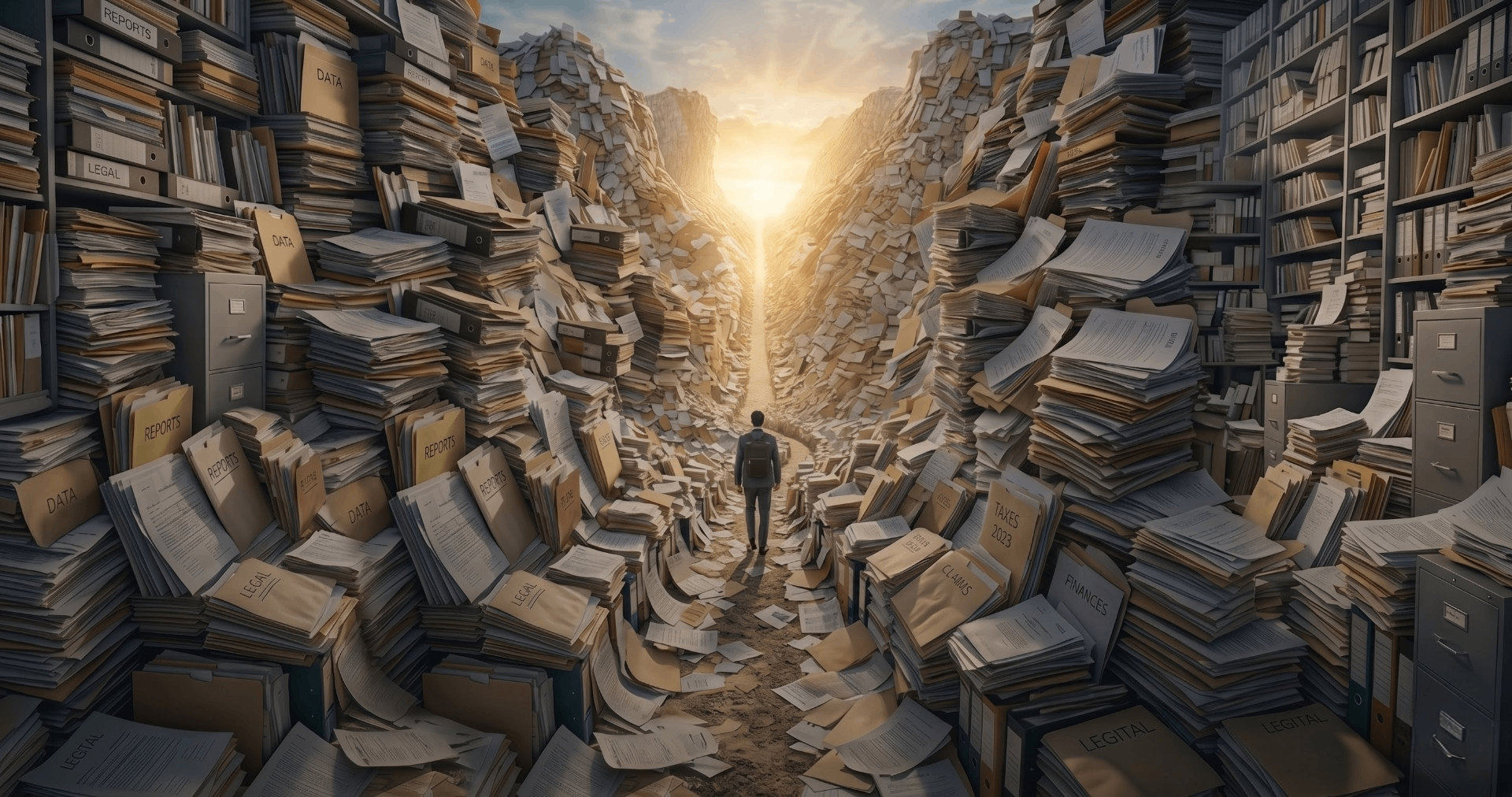 A confident professional walking out of a canyon of file folders toward a bright golden horizon.