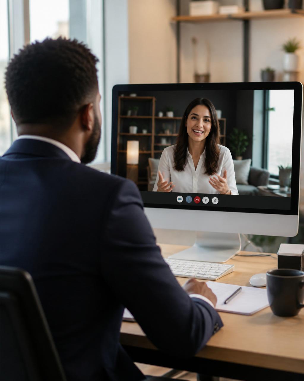 Over-the-shoulder view of a professional on a video call with a colleague on their desktop computer